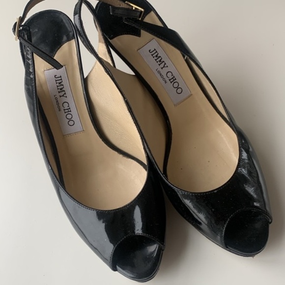 Jimmy Choo Nova Black Patent Peep Toe Platform Slingback 100mm Pumps 38 1/2 - Picture 6 of 16